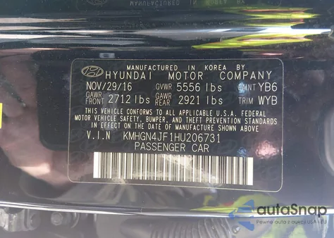 2017 Genesis G80 5.0 Ultimate z USA, uszkodzony, nr VIN KMHGN4JF1HU206731